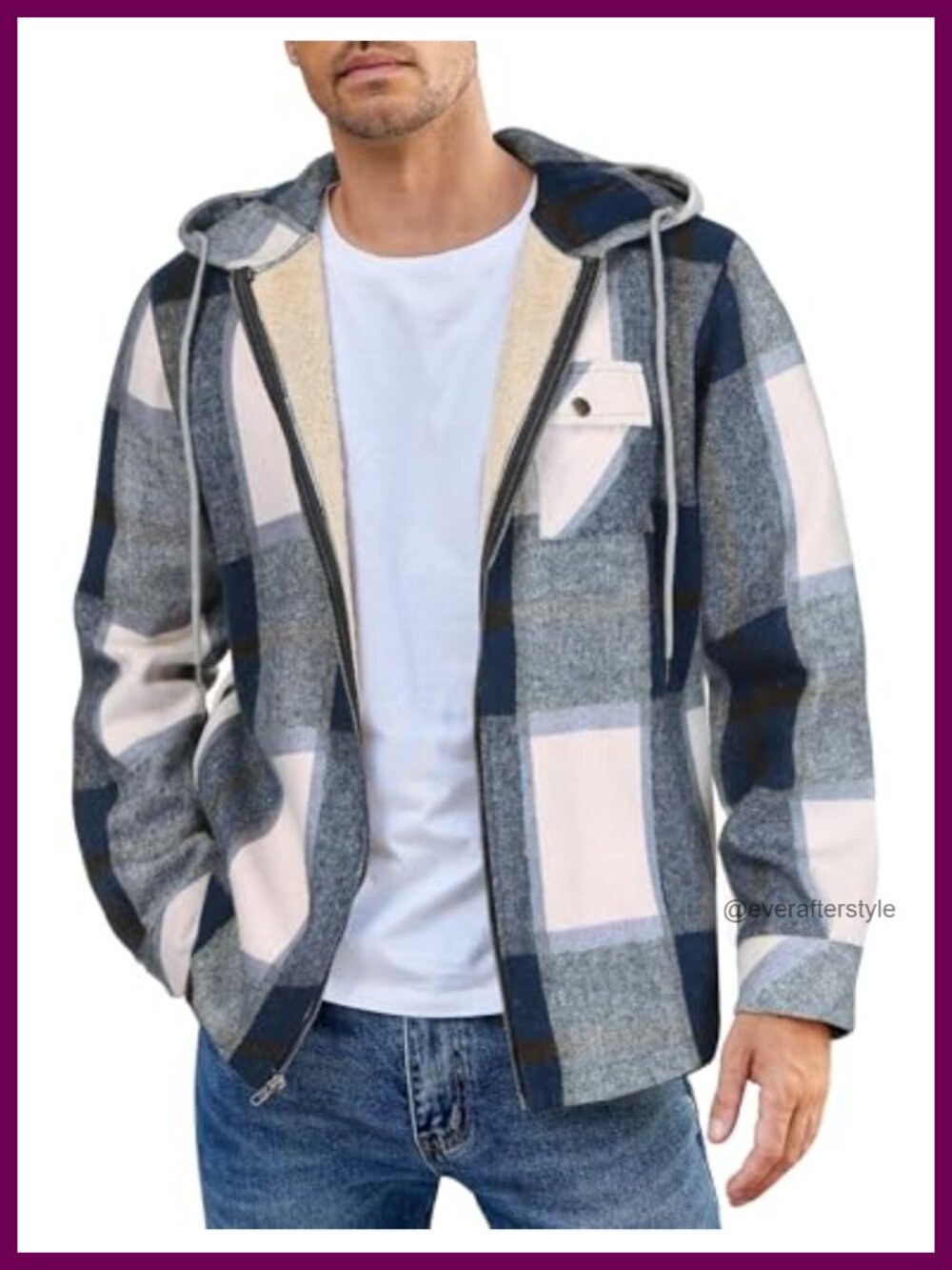 Men's Flannel Fleece Jacket Sherpa Lined Plaid Zip Up Hoodie Warm Coat